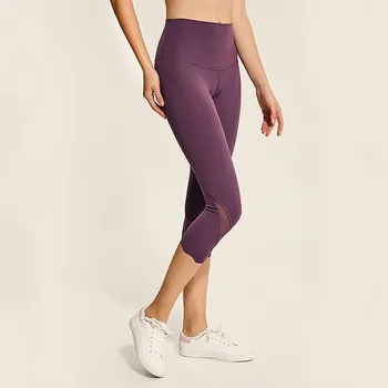 Women Yoga Pants High Waist Capri Pants Fitness Gym Leggings Calf Mesh Patchwork Sport Tights Running Sportswear Nylon Spandex 4