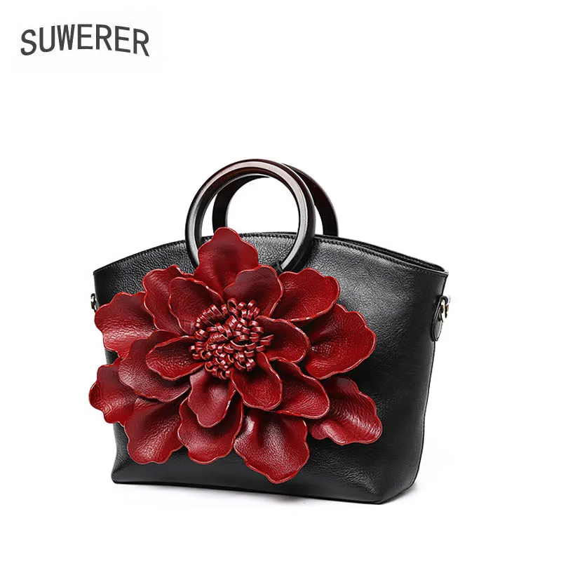 

SUWERER 2019 New women genuine leather bag Fashion Handmade three-dimensional flowers tote handbags designer women handbags