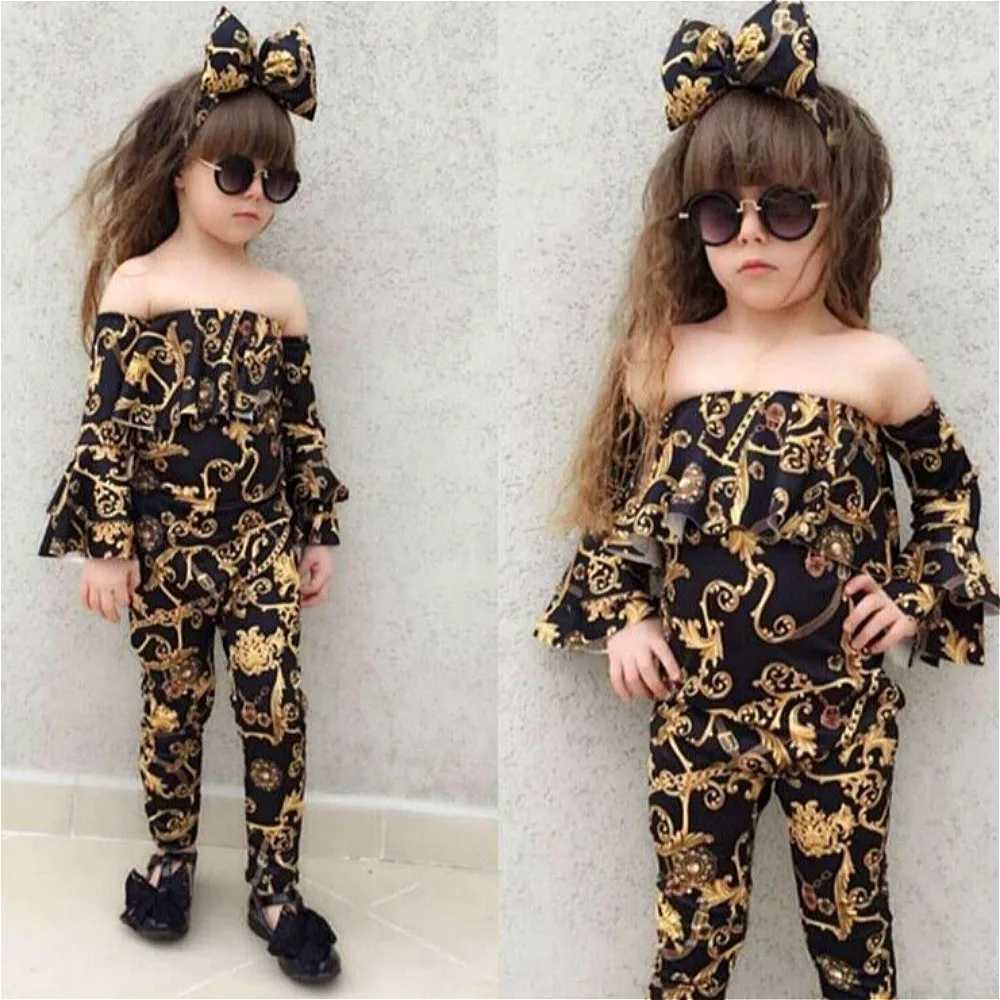 

Fashion Kids Baby Girls Clothes Set Off Shoulder Long Flare Sleeve Tops and Long Pant Headband 3PCS Outfits
