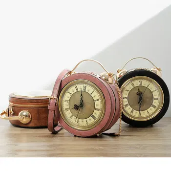 

New Version women's round vintage workable clock handbag true alarm time machine creative shoulder crossbody messenger bags