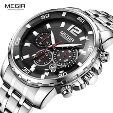 Megir Men's Chronograph Quartz Watches Stainless Steel Analogue Wristwatch for Man 24-hour Display Waterproof Luminous 2068G-1 megir man s analogue chronograph quartz watch with stainless steel bracelete luminous wristwatch for boys calendar 24 hour 2064g