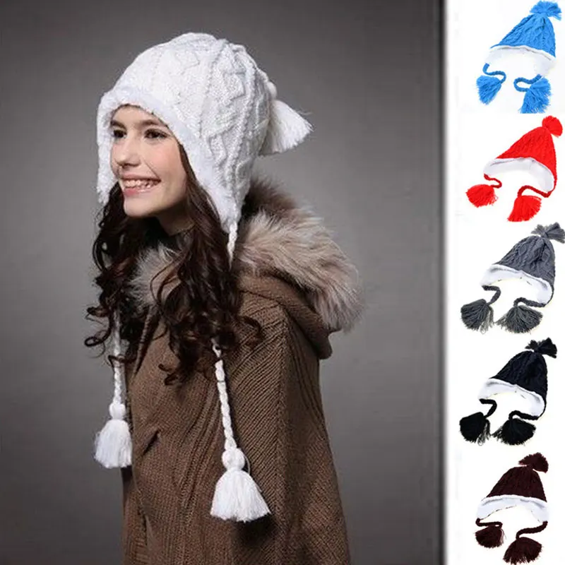 

2020 Woman warm hats Cute Pompon ear winter knitted Hat Beanies Toucas Bonnet Hats Crochet Ski Cap Skullies Gorros