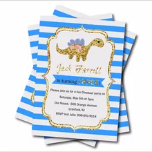 14 шт./лот в синюю полоску с золотым блеском динозавров пользовательские День рождения предлагает Baby Shower Приглашения вечеринка для мальчика день рождение украшения
