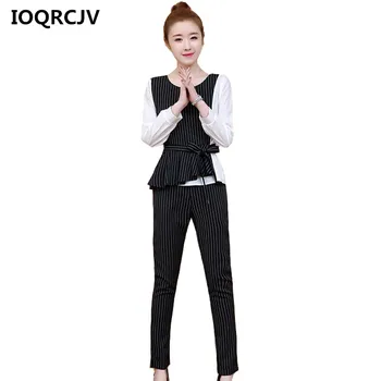 

Women Sets 2019 Spring Autumn Korean Long-sleeved Tops+Pants Trousers Slim Two-piece Sets Stripe Elegant Suits Large Size R261