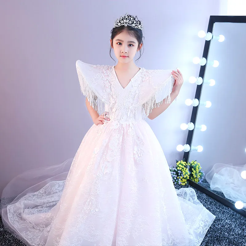 Luxury Princess Girl Ball Gown Dress Catwalk Birthday Banquet Wedding Dresses for girl Tassel Floral Lace Long Trail Dress JF585