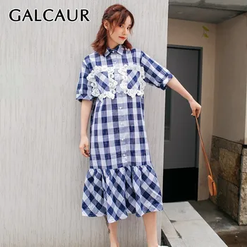 

GALCAUR Casual Plaid Midi Dress For Women Lapel Short Sleeve Loose Lace Patchwork Dresses Female Fashion 2020 Summer New