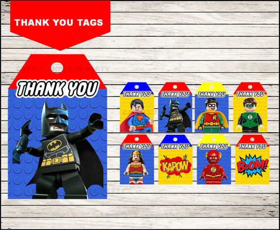  Superheroes Lego favor, Lego gracias etiquetas, favores del regalo, cumpleaños fiesta decoraciones niños, fiesta de bienvenida al bebé _