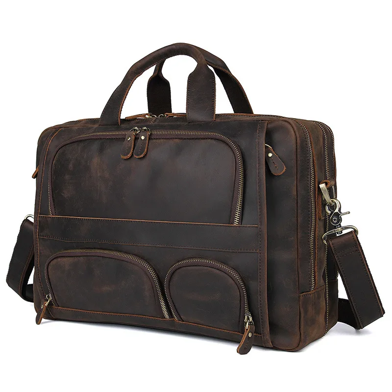 Luufan мужской портфель модная сумка из натуральной коровьей кожи Подходит для 17 дюймов ноутбука Бизнес большая емкость Мужская сумка на плечо черный - Цвет: crazy horse leather