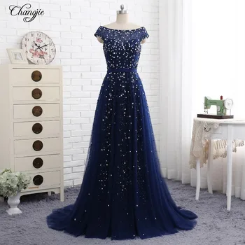 شراءفستان سهرة طويل فاخر جديد 2020 كم كاب سكوب ذيل محكمة A-line مطرز بالخرز تول الصين زي العرائس Vestido Longo