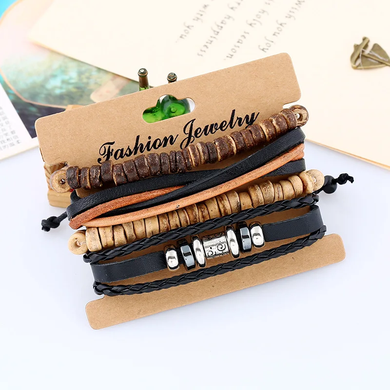 Дропшиппинг, многослойный кожаный браслет с листьями и перьями, мужской модный плетеный браслет ручной работы со звездами, браслеты и браслеты, мужской подарок