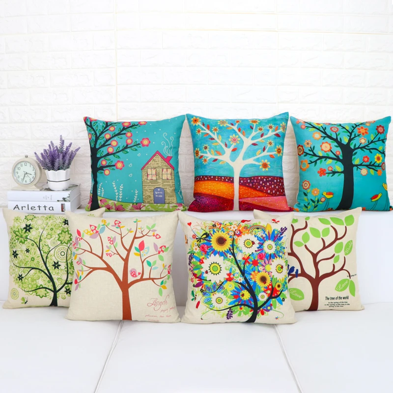 

Colorful Season Life Tree Cushion Cover Car Waist Throw Pillow Cover 18x18 Inches Pillowcase Home Decor