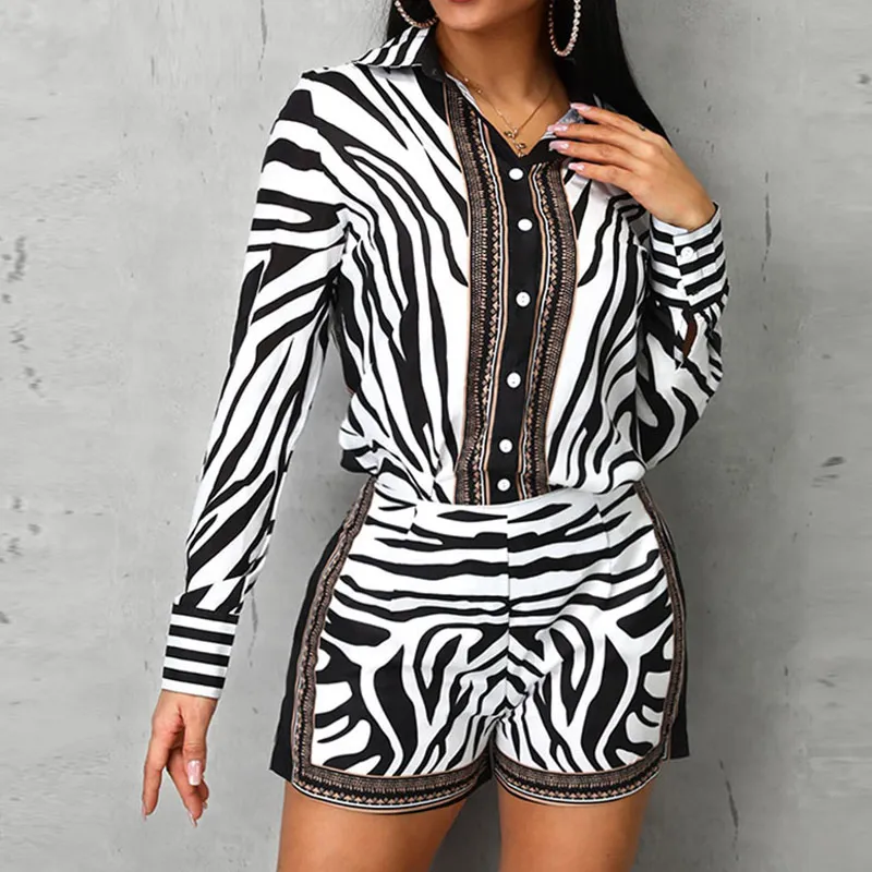 

Zebra Print Buttoned Shirts Zipper Short Sets Women's 2 Two Pieces Set Wide Leg Shorts Long Sleeve Blouse Summer Autumn Suits