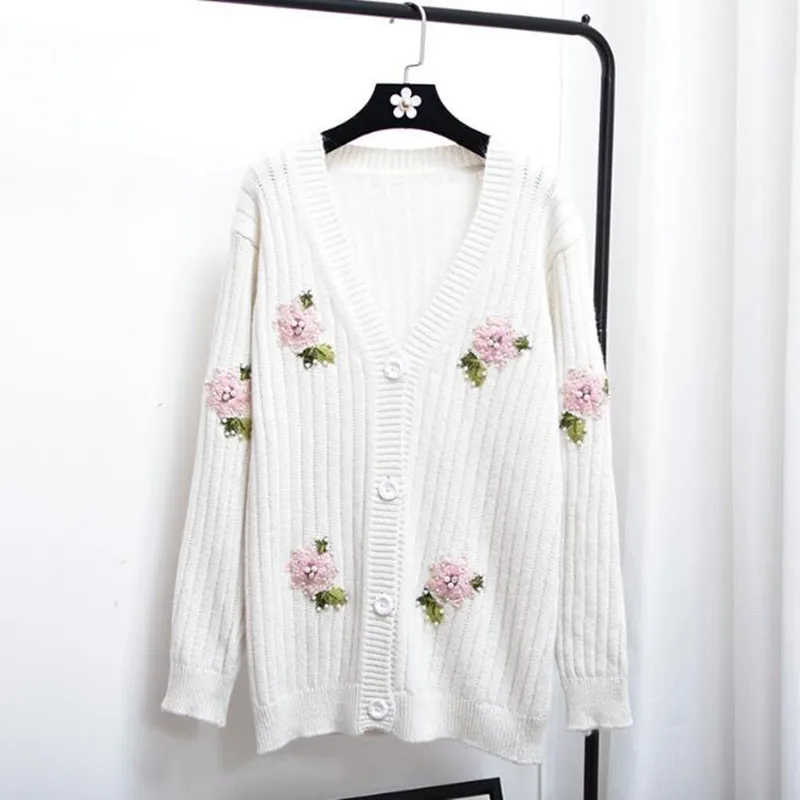 New Autumn Fashion Cardigan Flower Embroidery V Neck Loose Cardigans