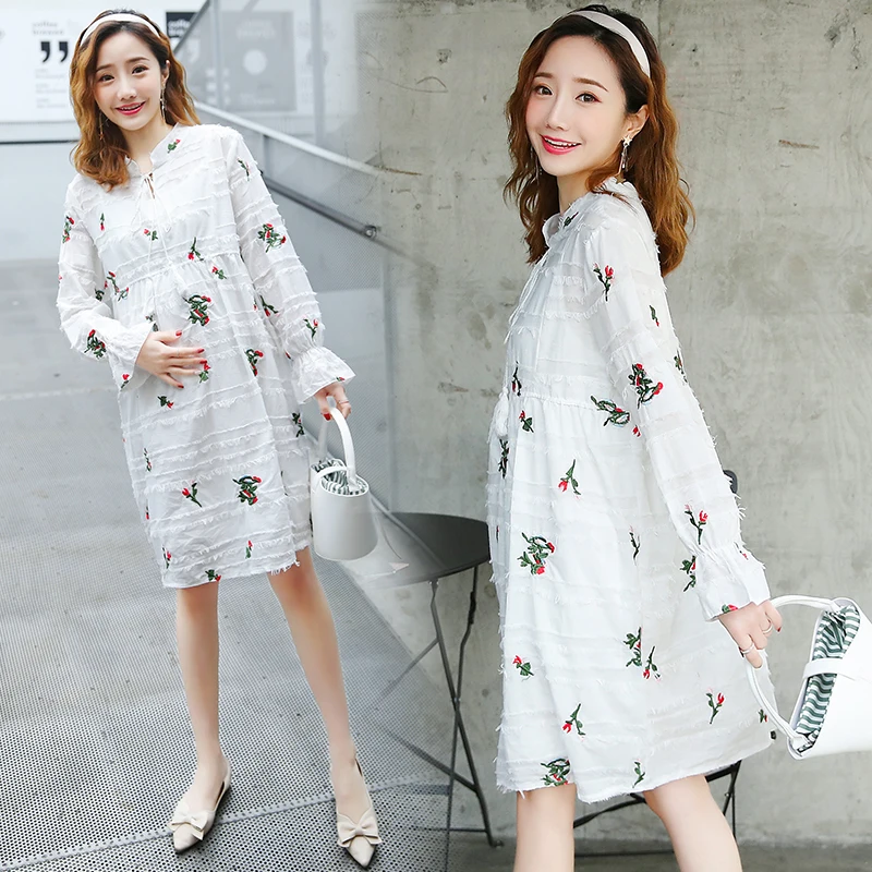 8075# Quality Embroidery White Linen Maternity Dress 2019 Spring Korean Fashion Clothes for Pregnant Women Pregnancy Clothing | Мать и