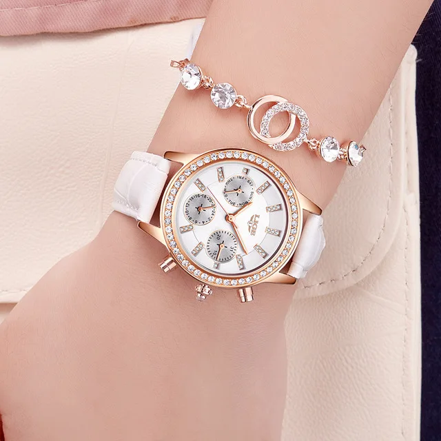 LIGE, роскошный бренд, для девушек, бриллиантовый циферблат, золотые, женские часы, кожа, для девушек, подарок, часы для женщин, платье, часы, календарь, relogio feminin - Цвет: white
