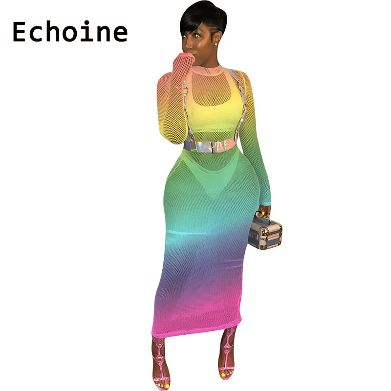 

Echoine Sheer Mesh Dress Gradient Hollow Out Long Sleeve O-neck Dress Summer Long Dress Sexy See Through Party Dresses Vestidos