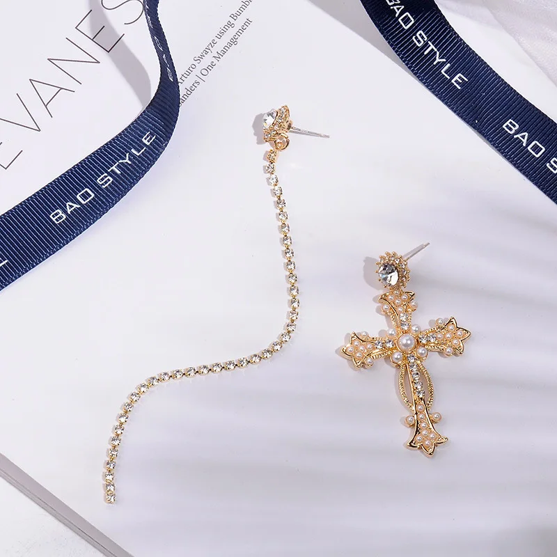 

Vintage Baroque Style Long Asymmetrical Cross Pearl Earrings Temperament Silver Needle Stud Earrings Bohemian Jewelry