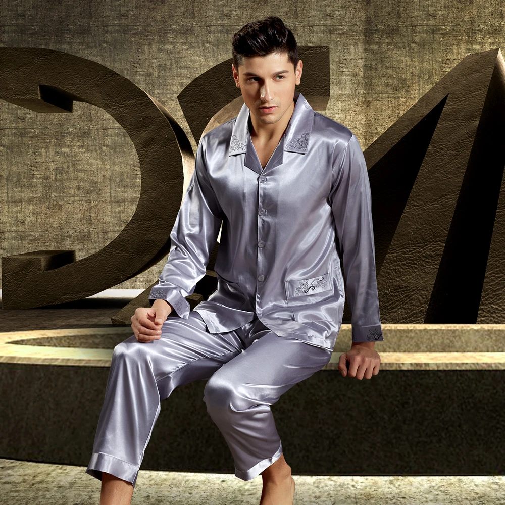 2020 New Brand Satin Silk Men Pajamas Luxurious Embroidery Sleepwear Long-Sleeved Pyjama Sets High Quality Casual Home Wear 3315
