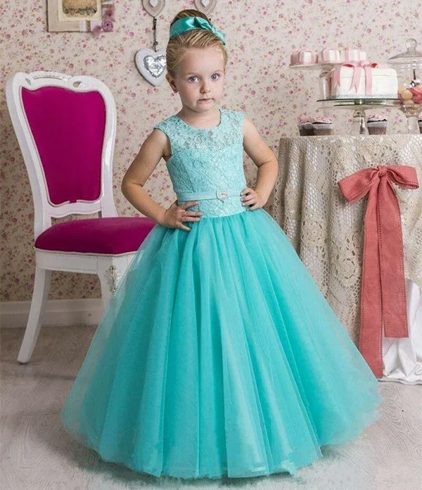 

New Long Cheap Flower Girl Dress with Lace Keyhole Lace Up Back Tulle Girls Pageant Gowns Sleeveless Custom Made Kids Prom Dress