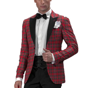 

Red Plaid Slim Fit Wedding Suit for Men Groom Tuxedo Jacket+Pants Wedding Tuxedo Prom Party Suit