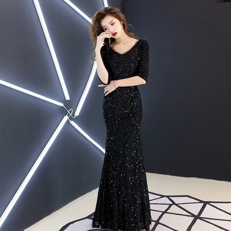 

Mermaid Evening Dress Royal Sequined Customized Trumpet Formal Prom Dresses Sexy V-neck Half-sleeves Pink Long Party Gowns E351