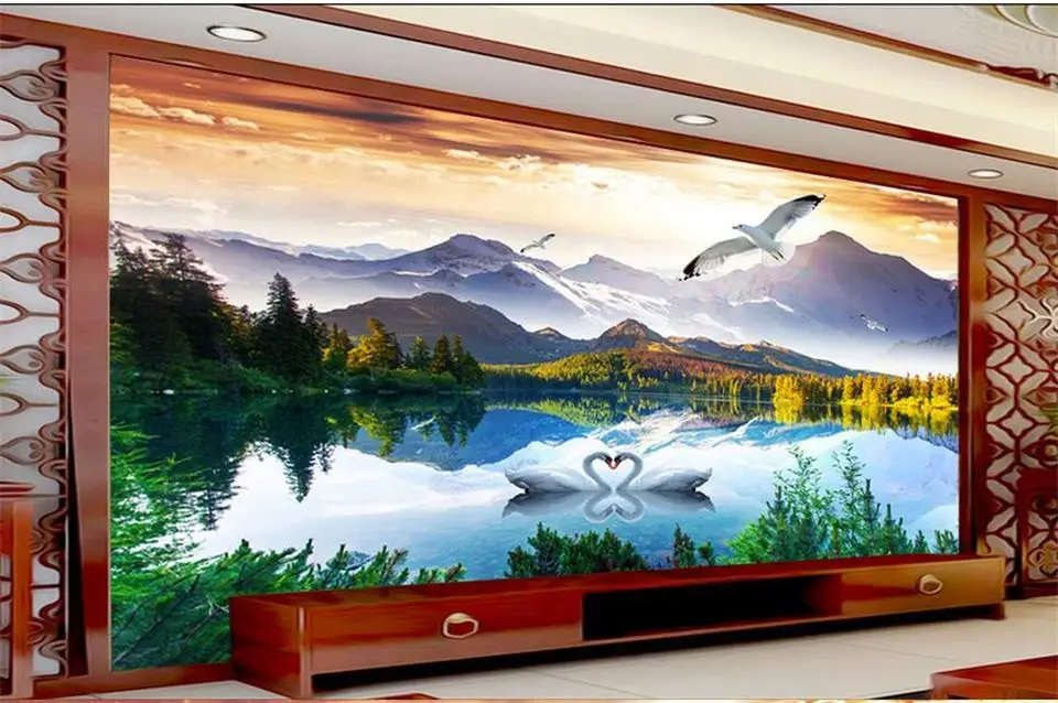 

Custom 3d photo wallpaper room murals Mountain lake Swan landscape photo livingroom sofa TV background non-woven wallpaper mural