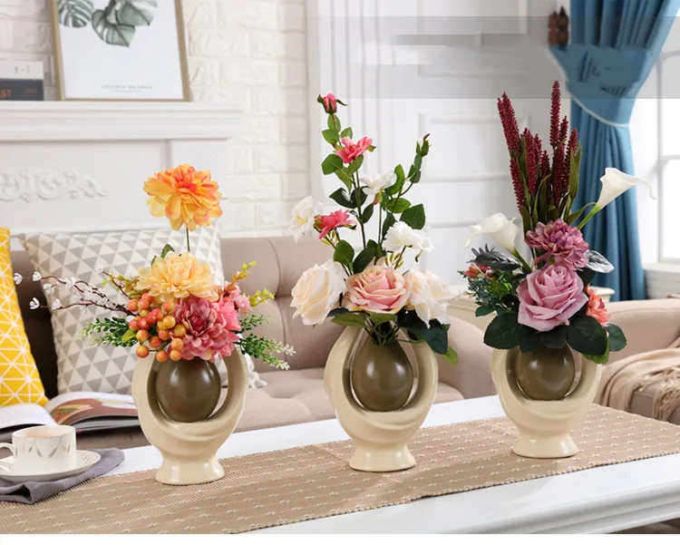 European Creative Ceramic Vase+Artificia Flower Ornament Decoration Modern Home Furnishing Crafts Decor Fake Flower Arrangement