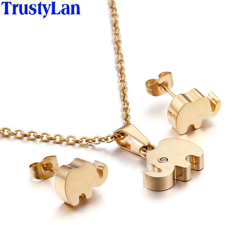 

TrustyLan Elephant Shape Jewellery Gold Color Stainless Steel Pendant Necklace Earrings Set Turkish Jewelry Sets For Women