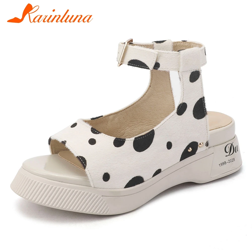 

KARINLUNA 2019 New INS Hot Polka Dot Genuine Leather Horsehair Sandals Women Summer Ankle Strap Woman Casual Shoes Woman