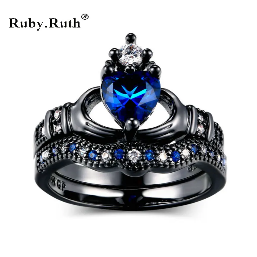 

Fashion Wedding Exquisite Love Design Crown Hand Heart Claddagh Ring Set black Color Blue CZ Crystal Rings for Women