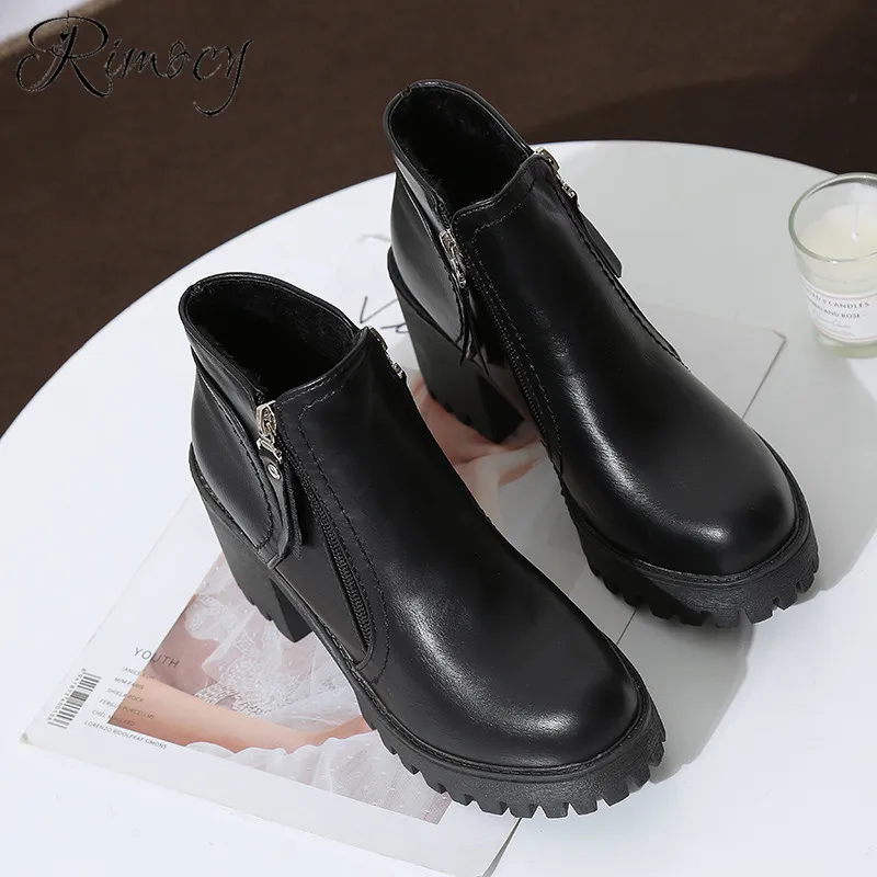 

Rimocy round toe square heels ankle boots for women fashion platform botines mujer 2019 spring new waterproof black shoes woman