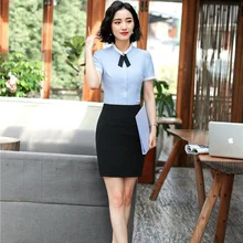Летняя униформа стиль бизнес костюмы 2 шт. с топом и юбкой для офиса дамы блузки и рубашки юбка наборы Элегантный синий