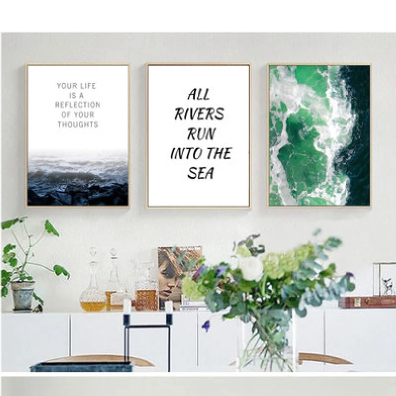 

Nordic Seascape Green Blue Sea Waves With Letters Poster Pictures For Bedroom Living Room Home Decor Wall Art Canvas Painting