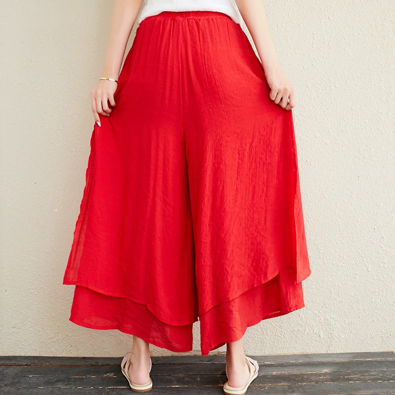 0607 красный черный белый двухслойная хлопчатобумажная салфетка льняные широкие брюки женские свободные эластичные повседневные брюки с высокой талией женские летние - Цвет: Красный