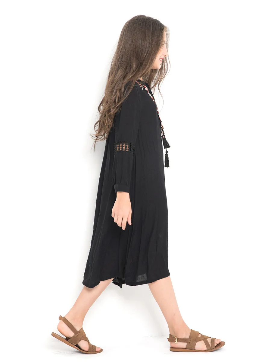 Шифоновые платья для больших девочек детское черное платье с длинными рукавами и вышивкой одежда для детей, костюм для девочек-подростков 6, 8, 10, 12, 14 лет