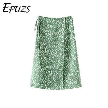 

Summer green floral boho skirt womens casual high waist wrap skirt Vintage button midi skirt streetwear Korean clothes 2019