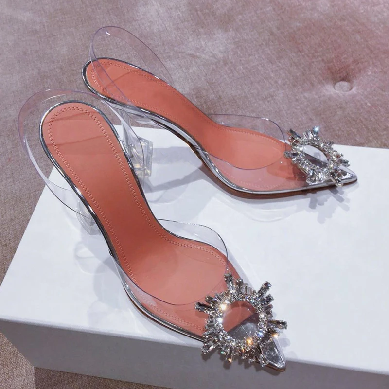 Роскошные женские летние модные босоножки из ПВХ с кристаллами и цветами; женские прозрачные вечерние туфли с острым носком на каблуке; ботильоны с пряжкой на шпильке