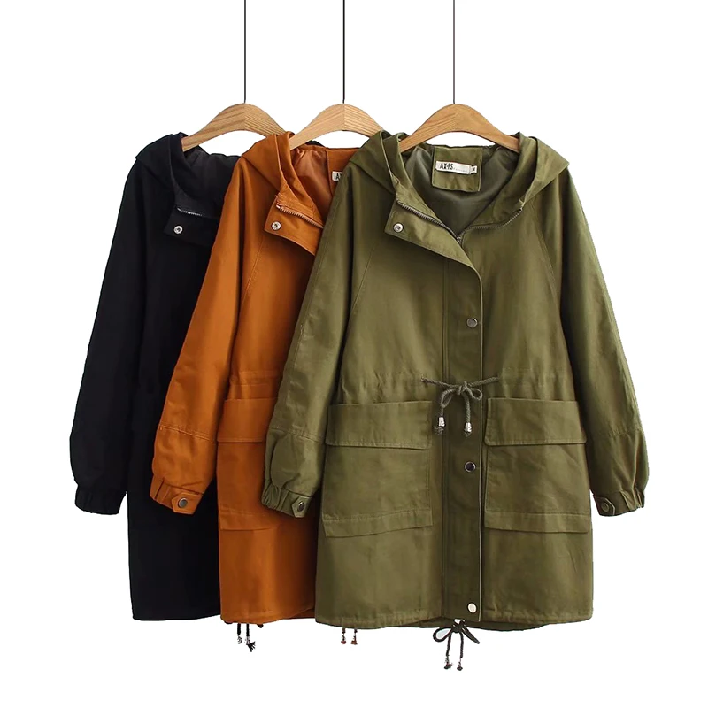 

2019 new autumn winter trench coat for women Plus size 6XL loose Slim hooded drawstring big pocket windbreaker coats Female Tops