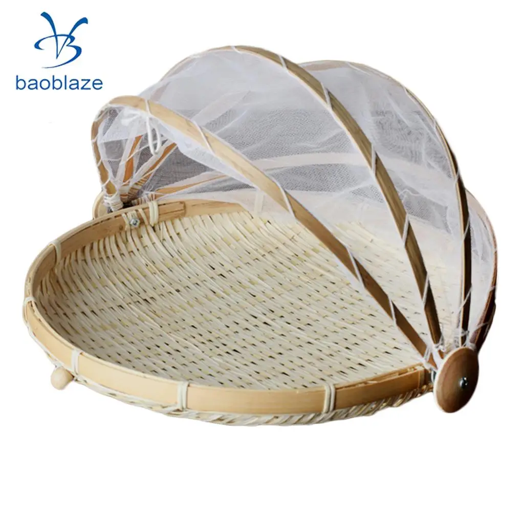 2xBamboo Tent Basket Serving Food Outdoor Picnic Pop Up Mesh Net Cover Round