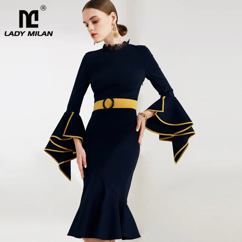 New Arrival 2018 Women s O Neck Long Sleees Ruffles Lace Patchwork Elegant Mermaid Dresses with