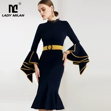 New Arrival 2019 Women s O Neck Long Sleees Ruffles Lace Patchwork Elegant Mermaid Dresses with