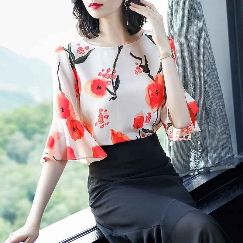 

2XL Brand Tee Tops 2019 Spring Summer Women Tee New Horn Sleeve Commuter OL T-shirt Tops O-neck Printed Chiffon Tee Tops Female