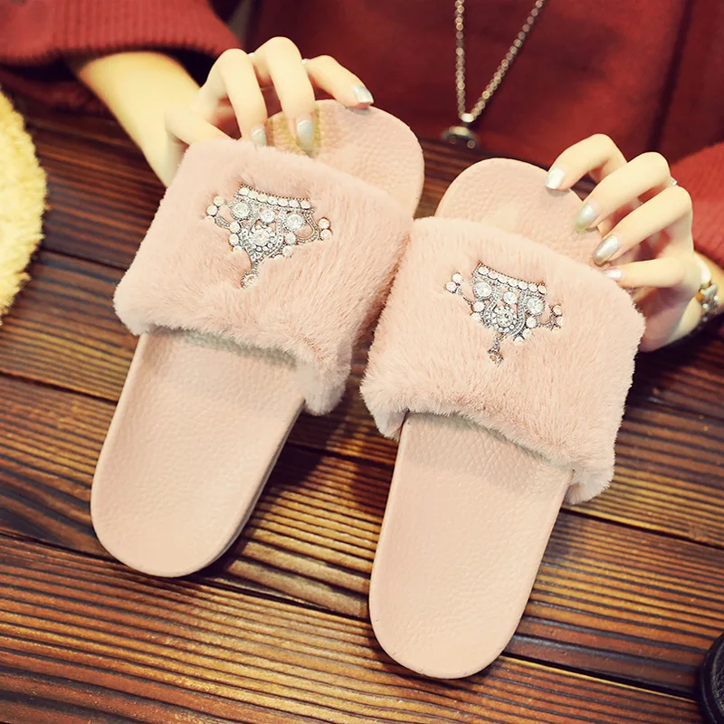 

Open toe anti-skid flats bottom slides crystal crown decorate modis outdoor slippers 4 colors all-match fur shoes new design