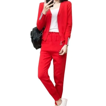 

V-Neck Zipper Coat Tops+Pockets Pencil Pants Women 2 Piece Set Fashion Long Sleeve Autumn Casual Striped Female Two Pieces Suits