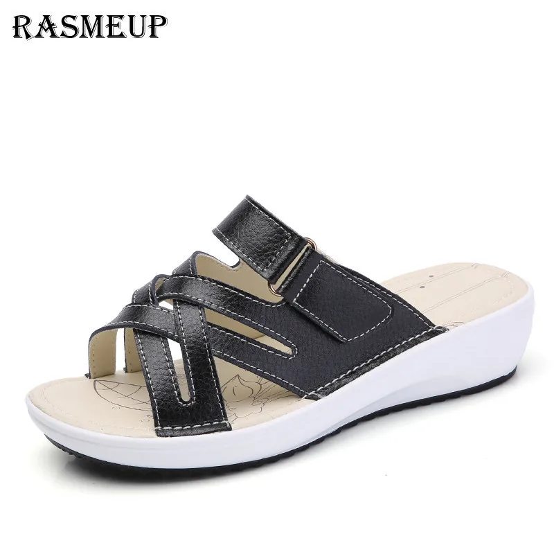 

RASMEUP Genuine Leather Women's Platform Sandals 2018 Open Toe Light Soft Women Flat Slides Casual Woman Corss Tie Summer Shoes