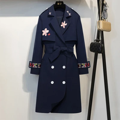 Осенний высококачественный длинный Тренч женский классический двубортный с вышивкой тонкая верхняя одежда женский модный Дизайн Тренч пальто - Цвет: Navy blue