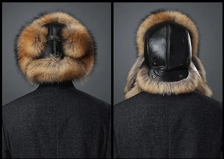 Россия стиль Мужская мода натуральный мех Теплые ушанки бомбардировщик шапка Мужская ушанка меховая шапка