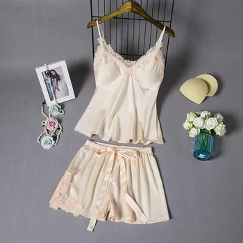 

Summer Lady Pajamas Pijamas Set Flower Trim Sleepwear Sexy Women Satin Strap 2PCS Top&Shorts Home Wear Casual Nightwear Lingerie