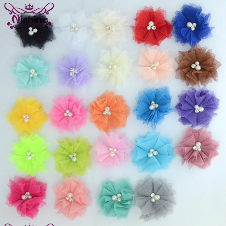 

Nishine 10PCS 2.4" Cute Chic Mesh Hair Flowers With Rhinestones Pearls Artificial Fabric Flowers For Diy Hair Accessories