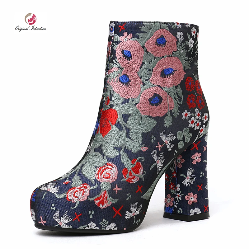 

Original Intention New Winter Platform Women Short Boots Ladies Beautiful Flower Print Shoes Woman High Heels Warm Boots 3-10.5